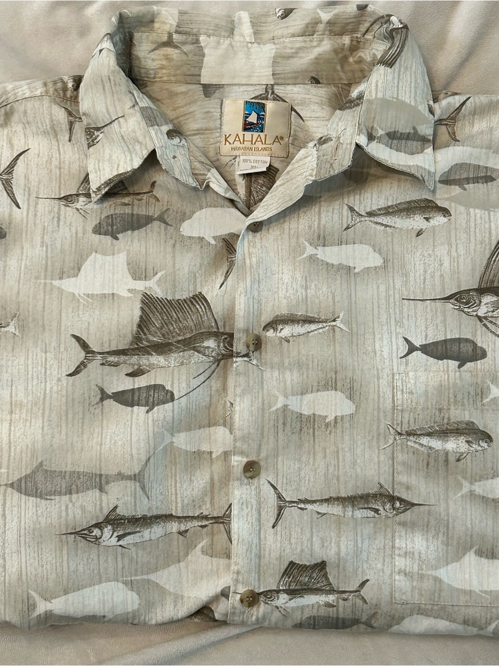 Kahala Hawaiian Shirt Mens XL Gray Fish Marlin Sailfish Aloha Button Up Cotton